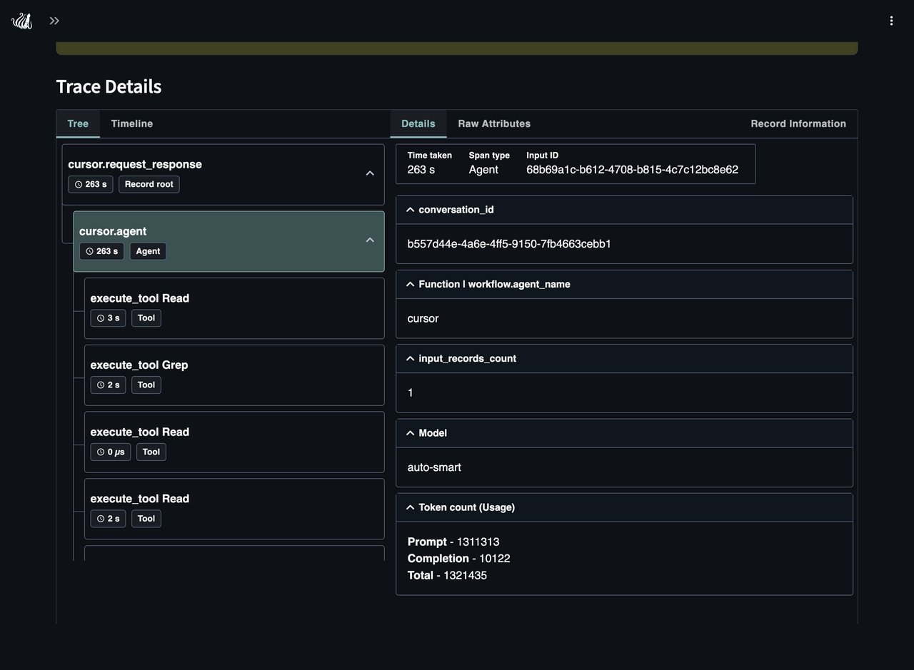 A Cursor coding session traced by TruLens, showing the agent span with model, token usage, and a chain of Read/Grep tool calls